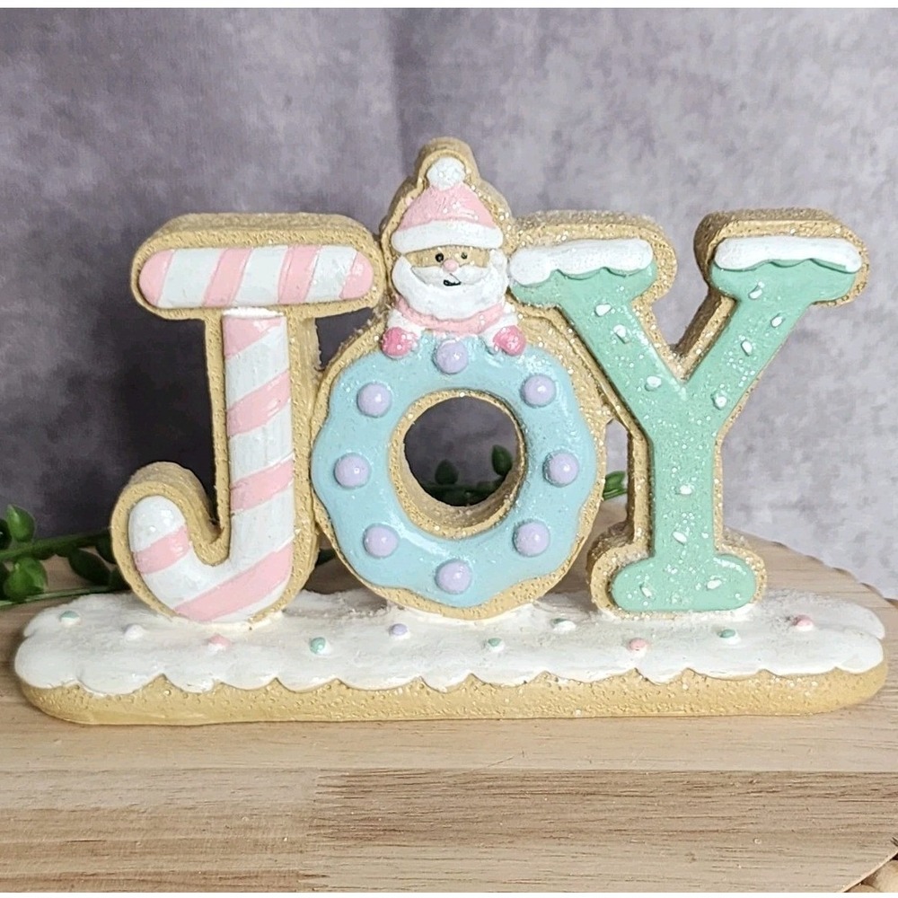 Christmas Gingerbread Cookie Pastel JOY Santa Tabletop Sign Shelf Decor 7" NEW